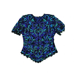 Laurence‎ Kazar Blue 100% Polyester Floral Sequin Blouse Top Shirt Size Medium